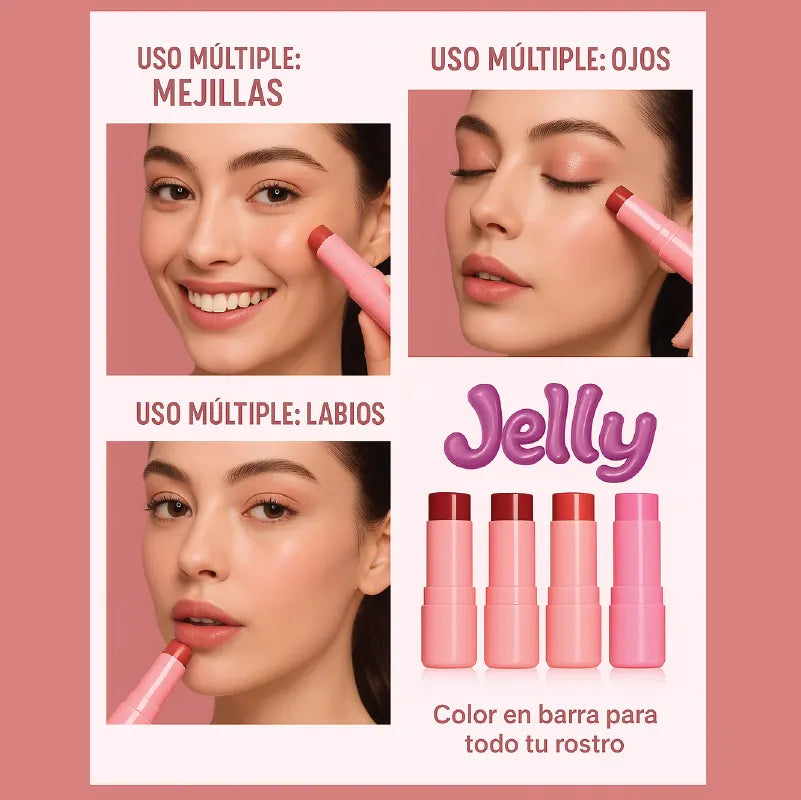 JELLY Blush® 👉 “El combo más rico de usar: brillo + blush en gel con oferta 4×3.”